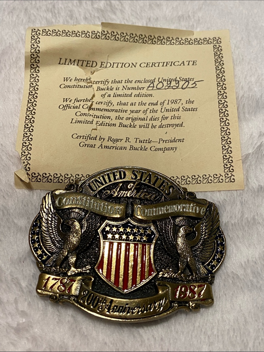 Vintage United States Constitution Commemorative Belt Buckle - Gold & Red Accent